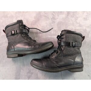 UGG Kesey Black Leather and Grey Wool Lace Up Zip Combat Boots Women 11